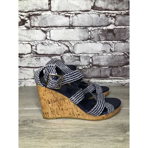Cole Haan Grand OS Blue White Stripe Leather Cork Wedge Sandals Women Sz 7.5B US - Picture 1 of 16